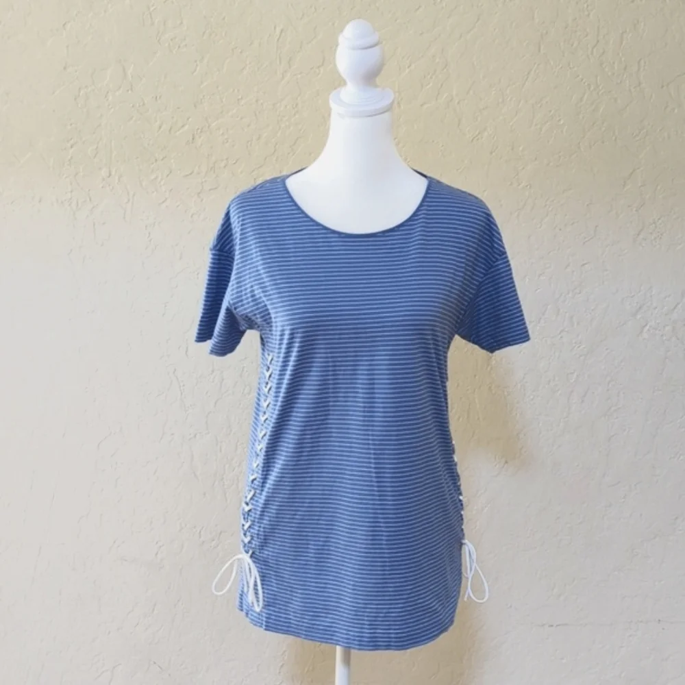 J. Crew Sky Blue/White Striped Side Lace Up Tunic Cotton T-Shirt Size Small